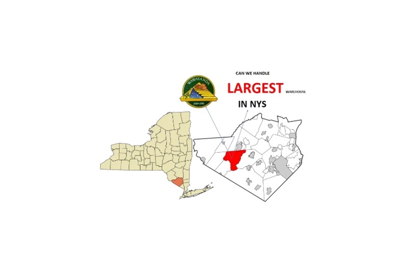 Can Wawayanda handle the largest warehouse in New York State? Map of New York State and Orange County highlighting the Town of Wawayanda, captioned Can we handle the largest warehouse in NYS